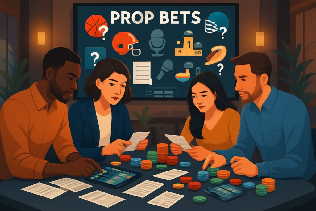 Four people engaged in a discussion about prop bets at a table filled with colorful game pieces and cards under a prop bets display screen in a well-lit room.