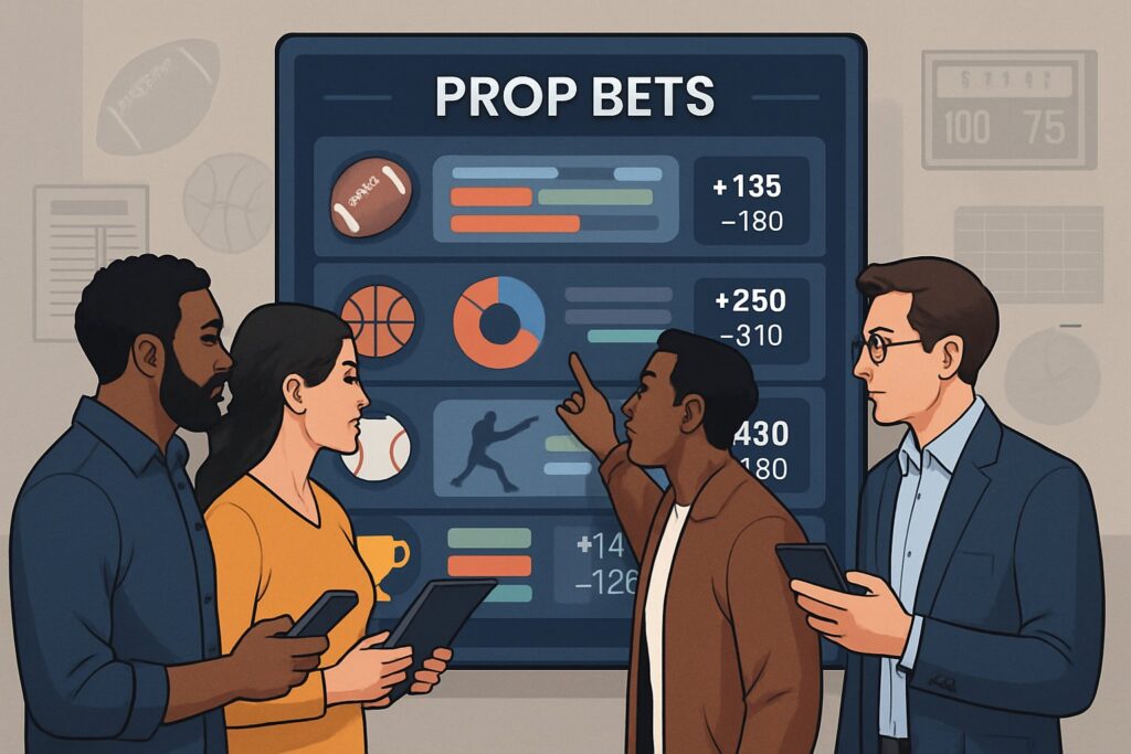Group of people discussing Prop Bets in front of a display screen showing sports betting statistics and graphs highlighting key insights into Prop Bets strategies.