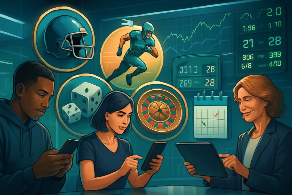 People engaging with technology to explore prop bets. Illustrations of football, dice, and roulette emphasize prop bets. Ideal for fans of betting and sport analysis.