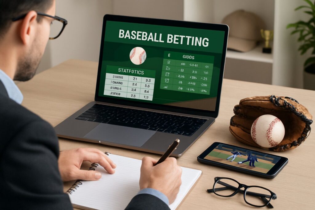 Man learning how to bet on baseball using a laptop showing baseball betting statistics and a smartphone displaying a baseball game with a glove and ball on the table.