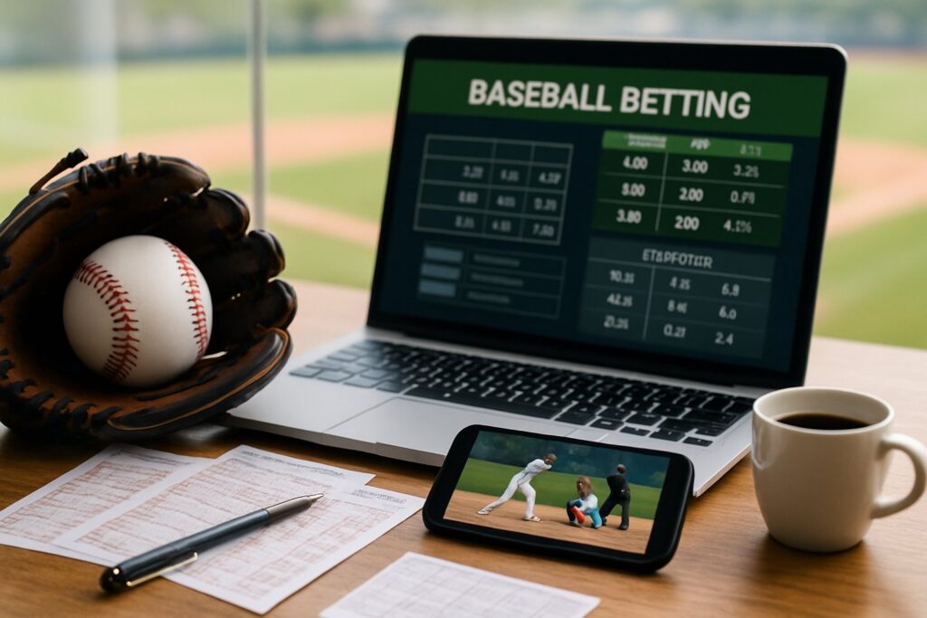 Laptop showing baseball betting odds with a smartphone displaying a game next to a glove and coffee. Learn how to bet on MLB for the best betting strategies.