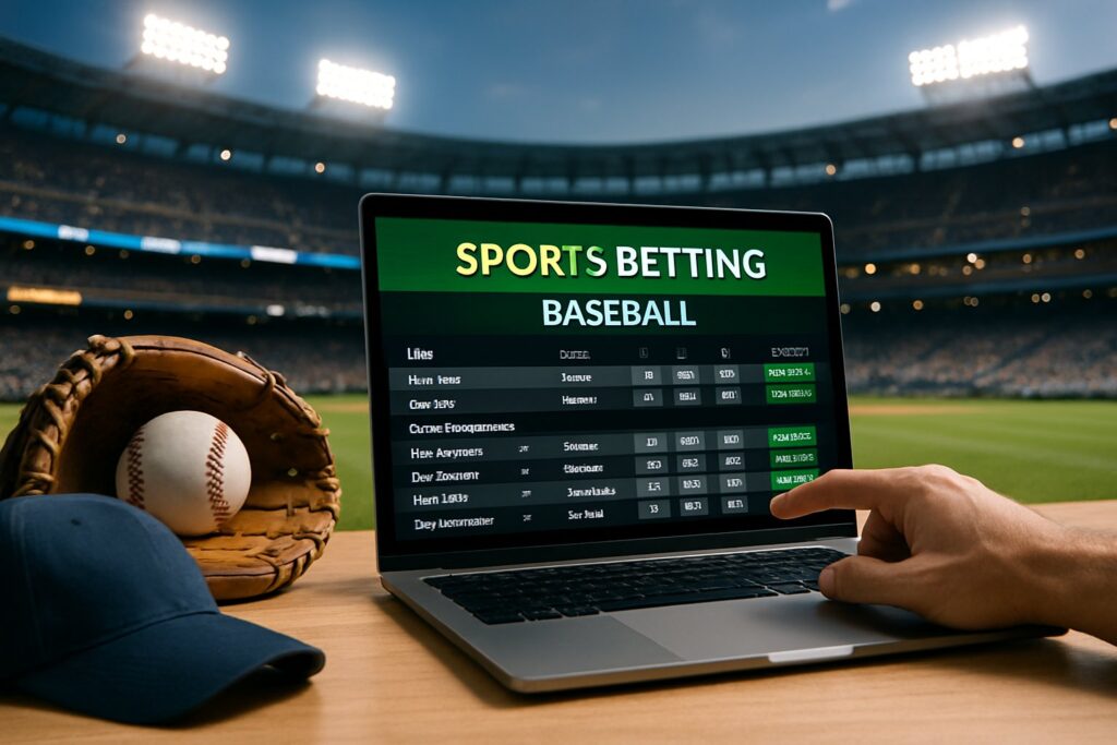Laptop displaying baseball sports betting odds in a stadium setting with a glove and ball. Learn how to bet on baseball for better strategies and wins.