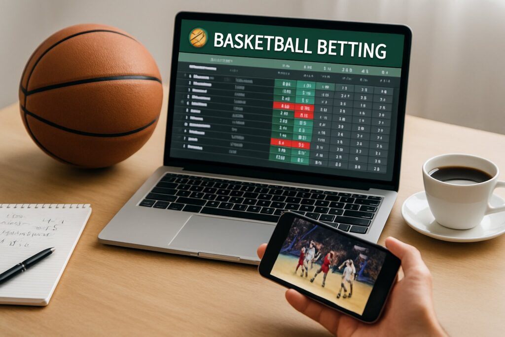 Laptop displaying basketball betting odds next to a basketball and phone showing game. Learn how to bet on basketball effectively with these strategic tips.
