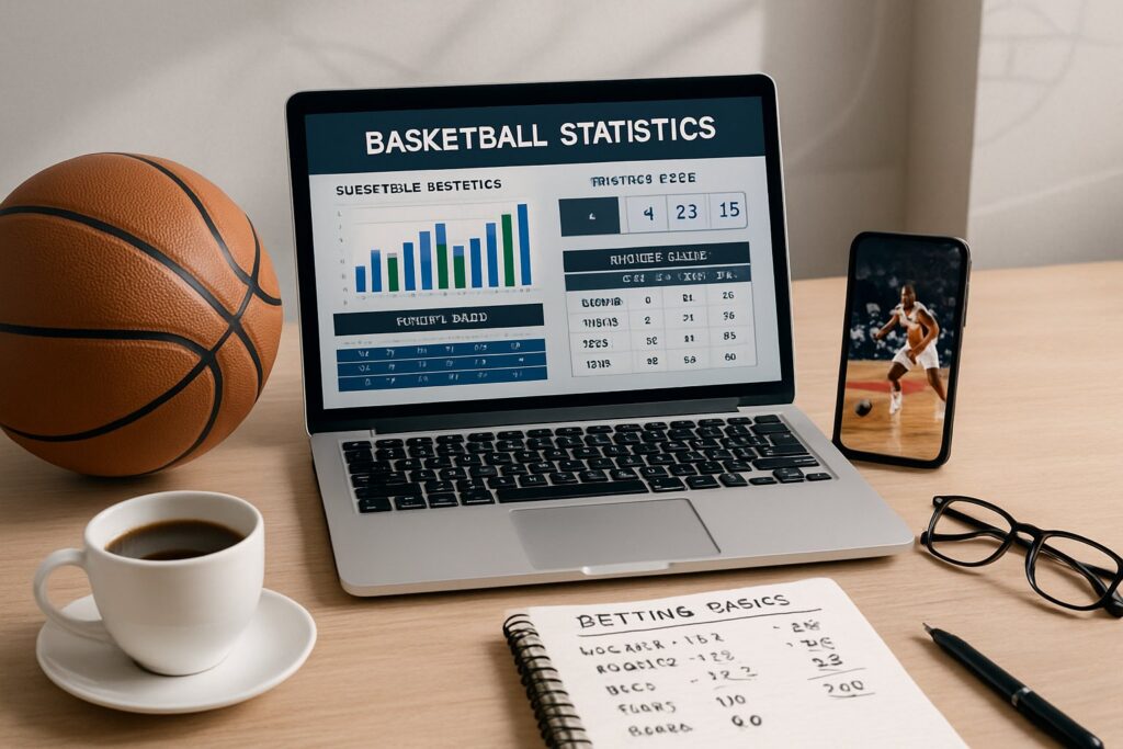 Laptop displaying basketball statistics with a smartphone showing a game and a notebook with betting notes. Learn how to bet on basketball effectively and strategize your wagers.
