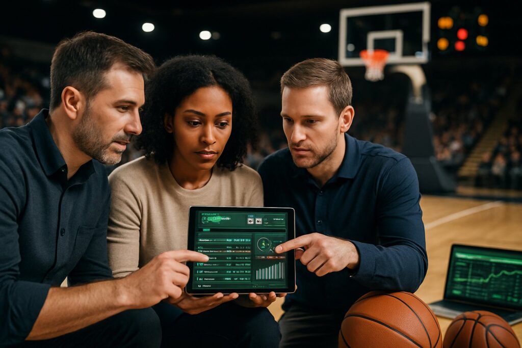 Three people analyzing basketball betting statistics on a tablet and laptop on a court. Learn how to bet on basketball effectively using data-driven strategies.