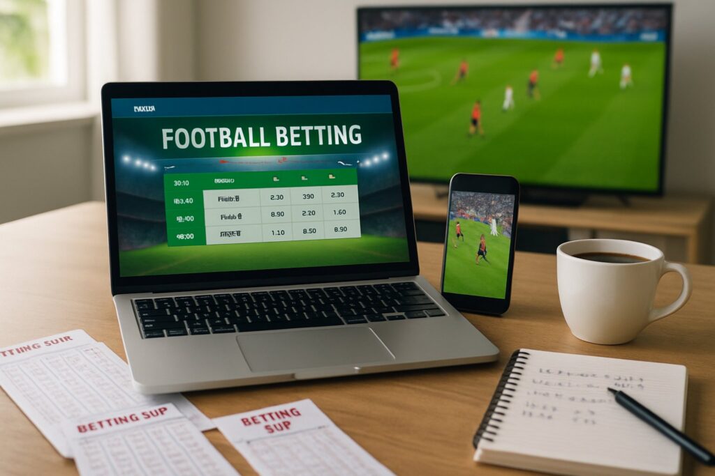 Laptop displaying football betting odds alongside a phone streaming a live match with betting slips on a desk showing how to bet on football effectively.