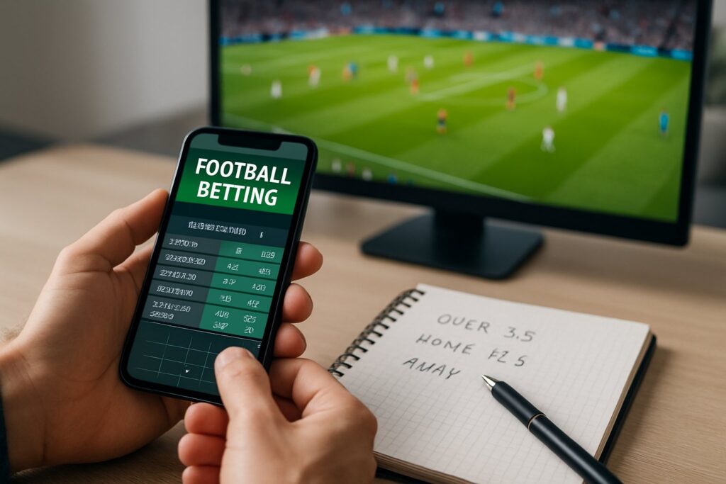 Person learning how to bet on football with a smartphone displaying a betting app and a notepad with betting notes while watching a live football match on TV.