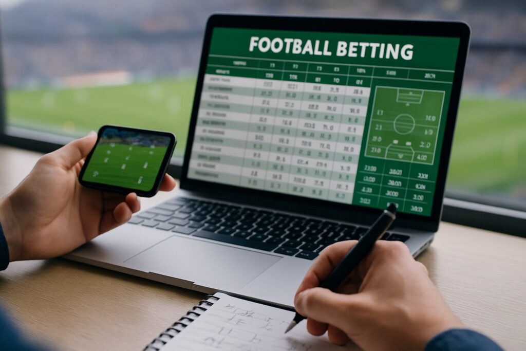 Person analyzing football betting odds on laptop and phone highlighting strategies on how to bet on football effectively for potential wins and informed decisions