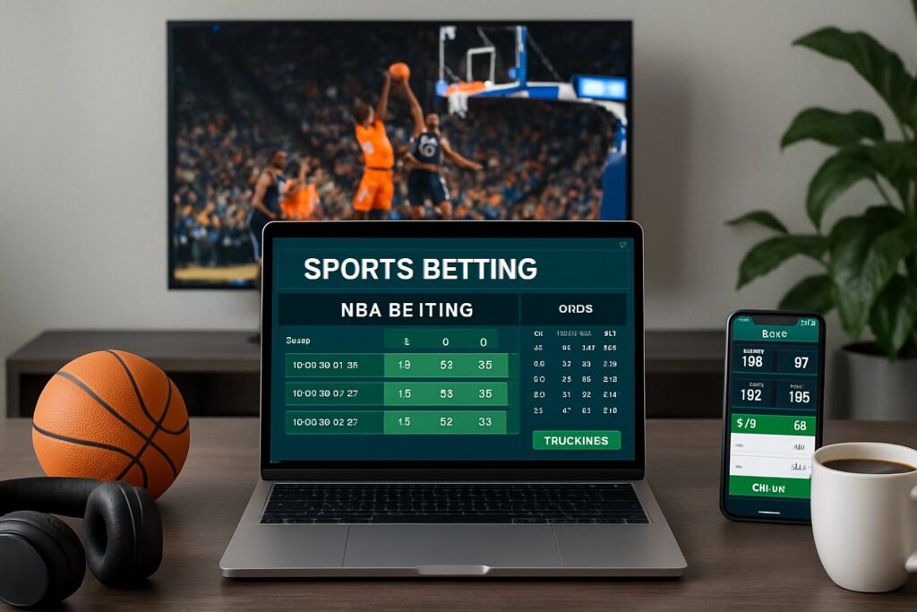 Laptop and smartphone displaying NBA betting odds with a basketball game on TV in the background. Learn how to bet on the NBA for informed sports wagering.