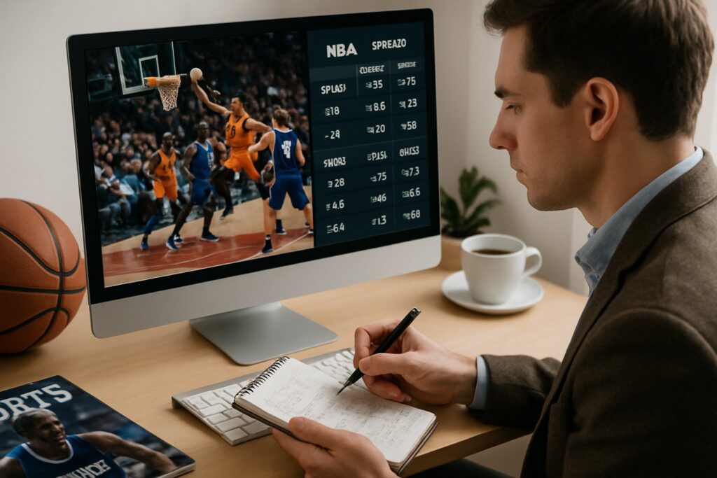 Man researching how to bet on the NBA, viewing a computer screen with NBA game statistics and making notes, focusing on basketball betting strategies and analysis.