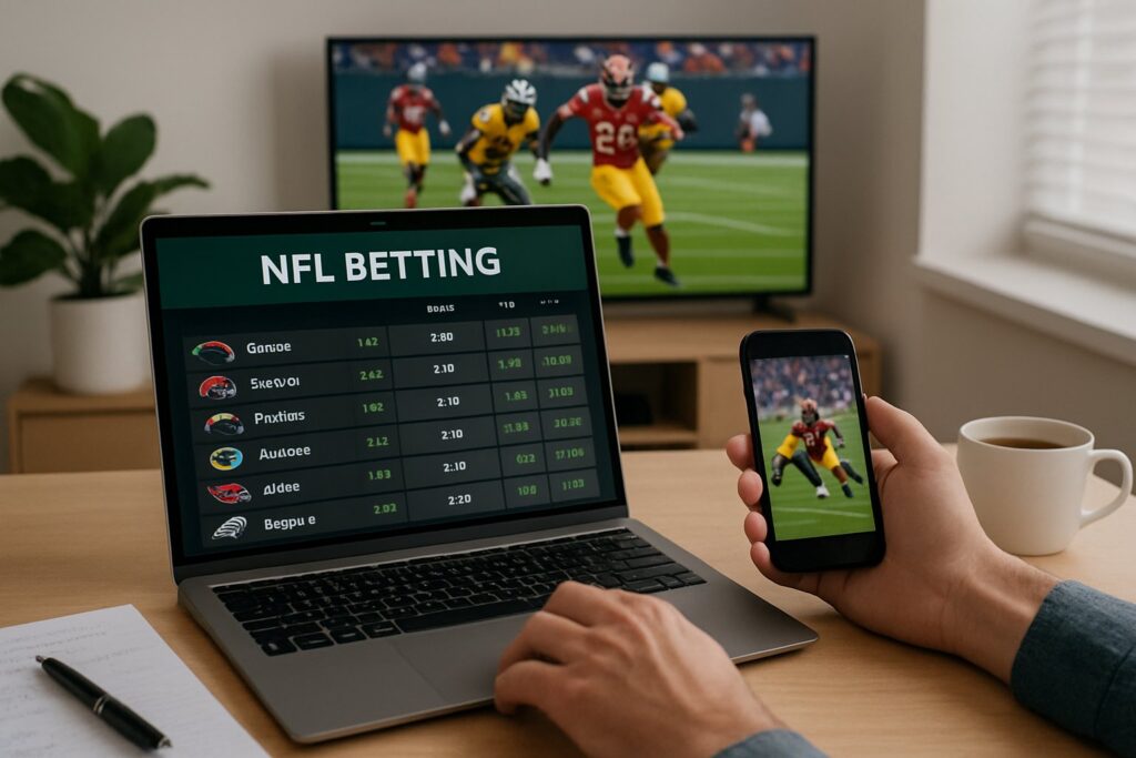 Person researching how to bet on the NFL using a laptop and phone. The screen shows NFL game stats with a TV displaying a live football game in the background.