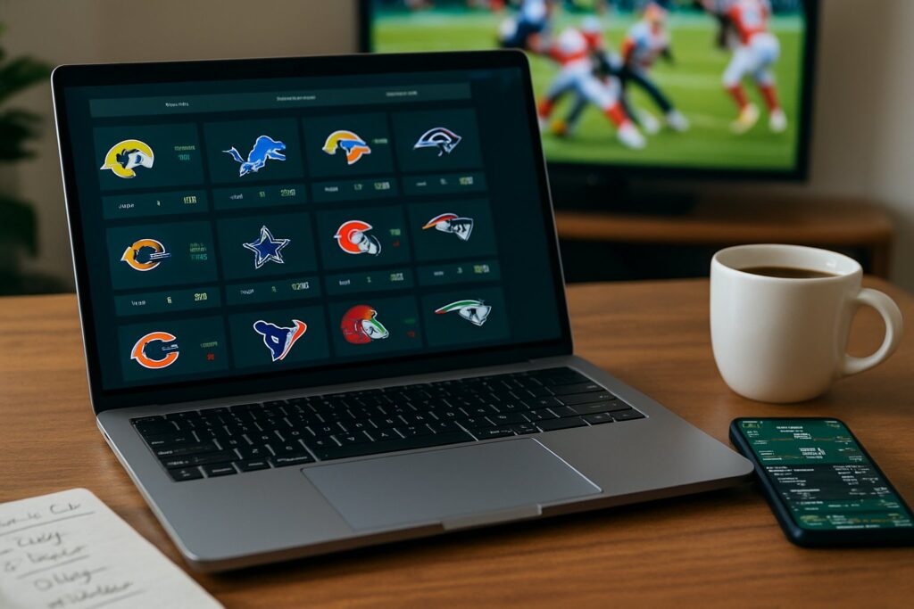 Laptop displaying NFL matchups with coffee and smartphone nearby. Learn how to bet on the NFL with easy tips and strategies to enhance your betting experience.