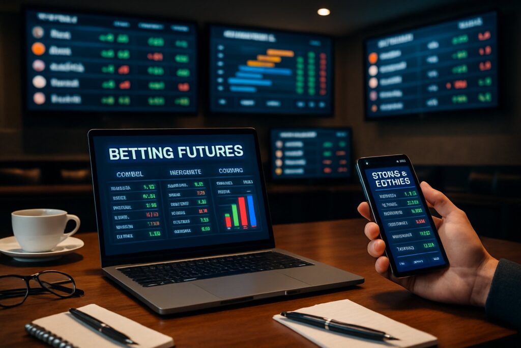 Person analyzing sports betting futures on a smartphone and laptop with data displayed on screens in a modern betting lounge setting maximizing strategic insights