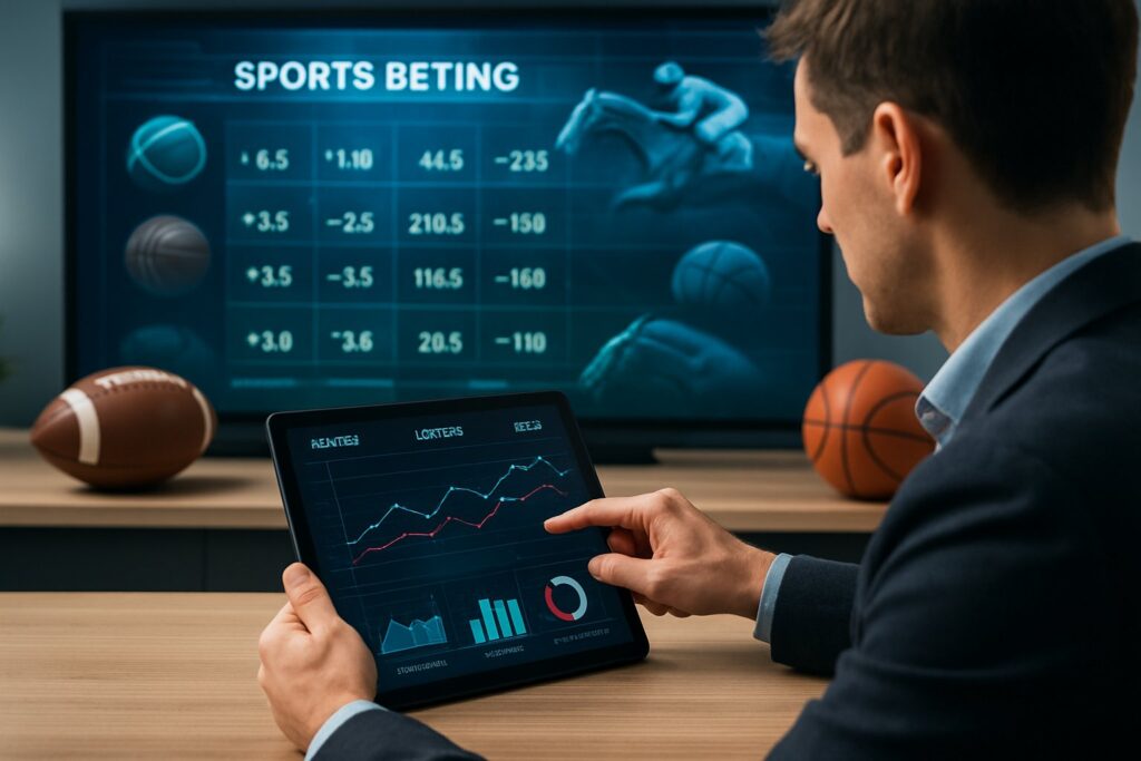 A man using a tablet to analyze trends in sports betting futures displays graphs and statistics as a sports betting screen shows odds behind him with football and basketball nearby.