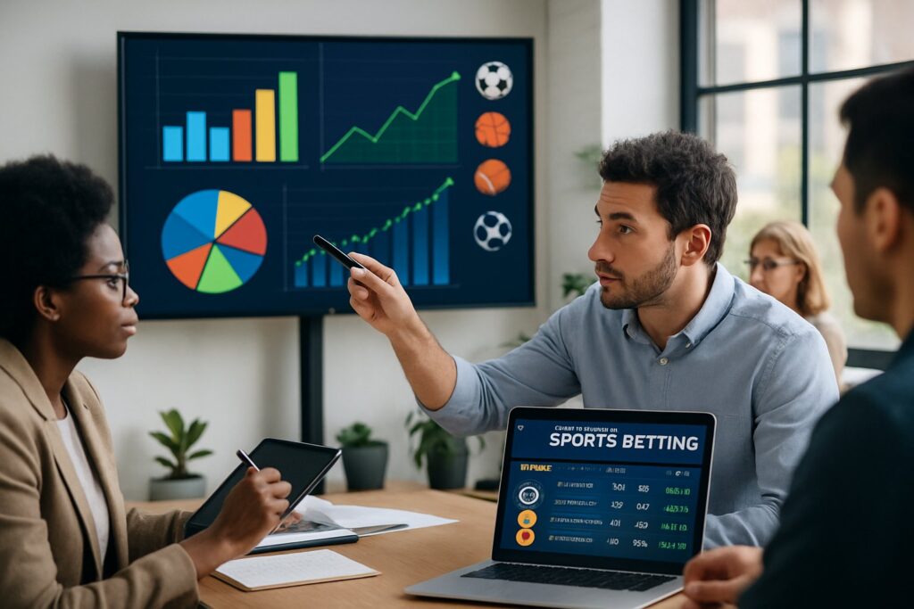 Group of professionals analyzing Sports Betting Futures data on a laptop and screen. Engaging discussion on trends and strategies for sports betting market success.