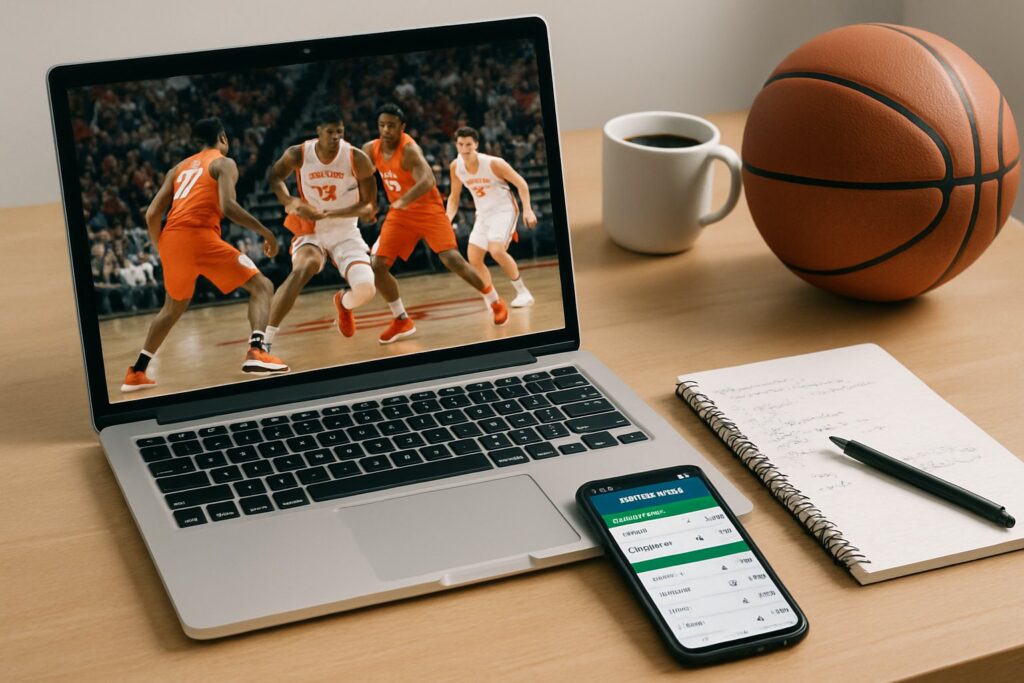 Laptop and smartphone display how to bet on NCAAB tips with game scene, basketball, coffee, and notebook on desk offering insights for betting on college basketball.