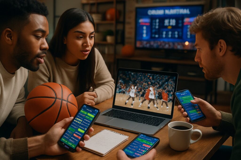 Group of friends learning how to bet on college basketball using mobile apps and a laptop with a game on TV. Strategies for successful betting discussed.