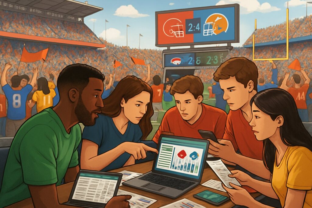 People gather at a sports stadium with laptops and devices learning how to bet on college football while checking scores and stats to enhance their betting strategies.
