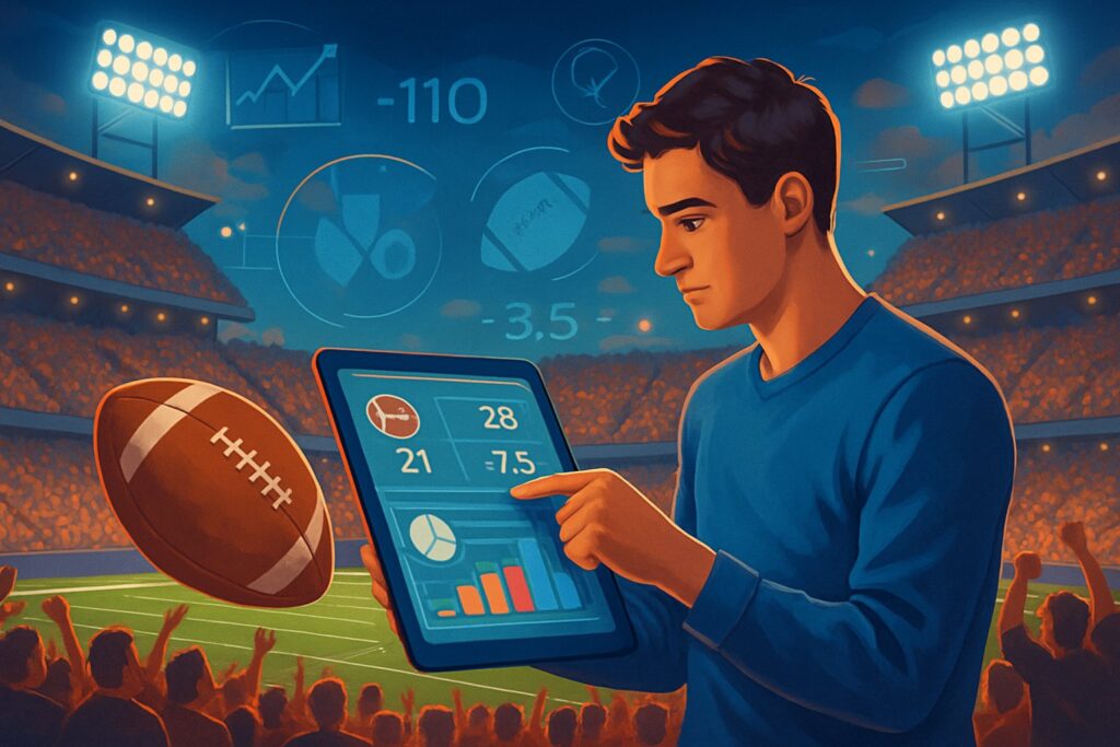 Man analyzing data on tablet in a stadium setting for insights on how to bet on college football illustrating strategies for successful wagering in sports events.