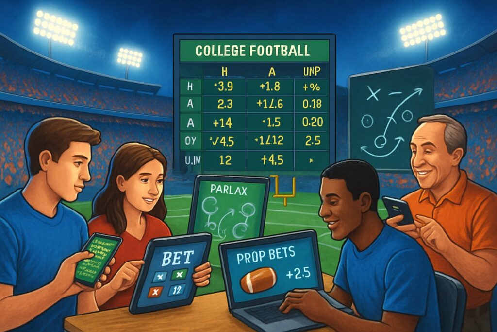 People using devices for betting strategies with college football odds on a scoreboard. Discover how to bet on NCAAF and increase your chances of winning.