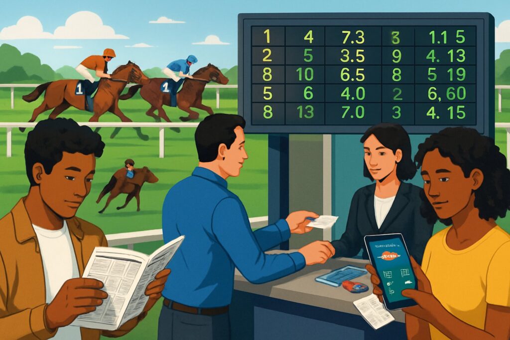 People placing bets at a horse racing track using smartphones and printed guides showing odds and strategies on how to bet on horse racing with live race in the background.