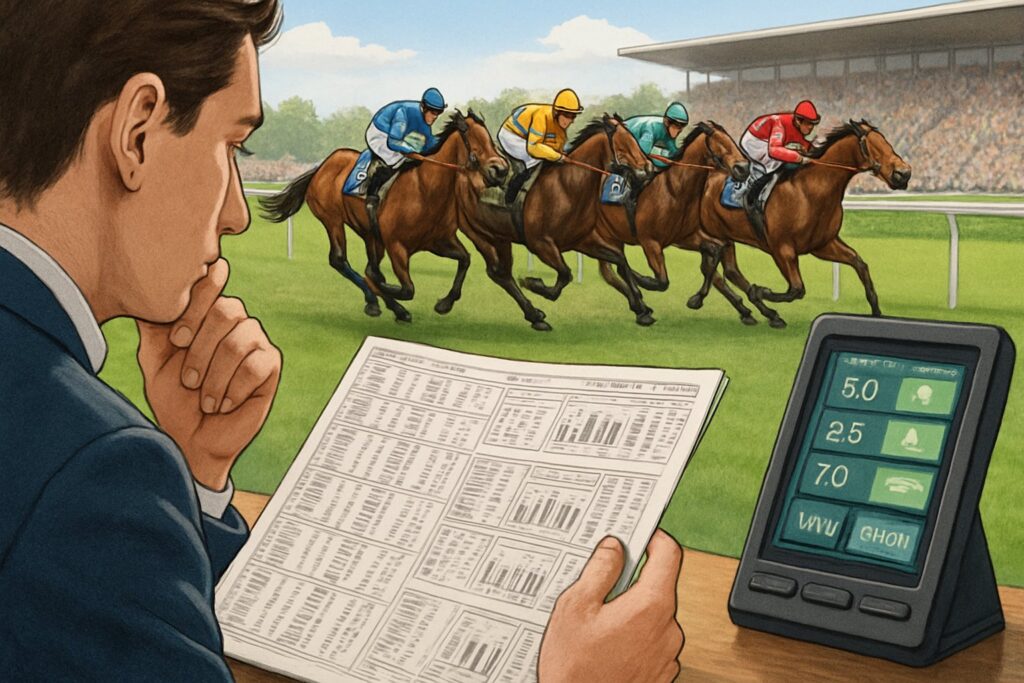 Person studying race program and digital odds display at horse racing track. Learn how to bet on horse racing with strategies and tips for successful betting.