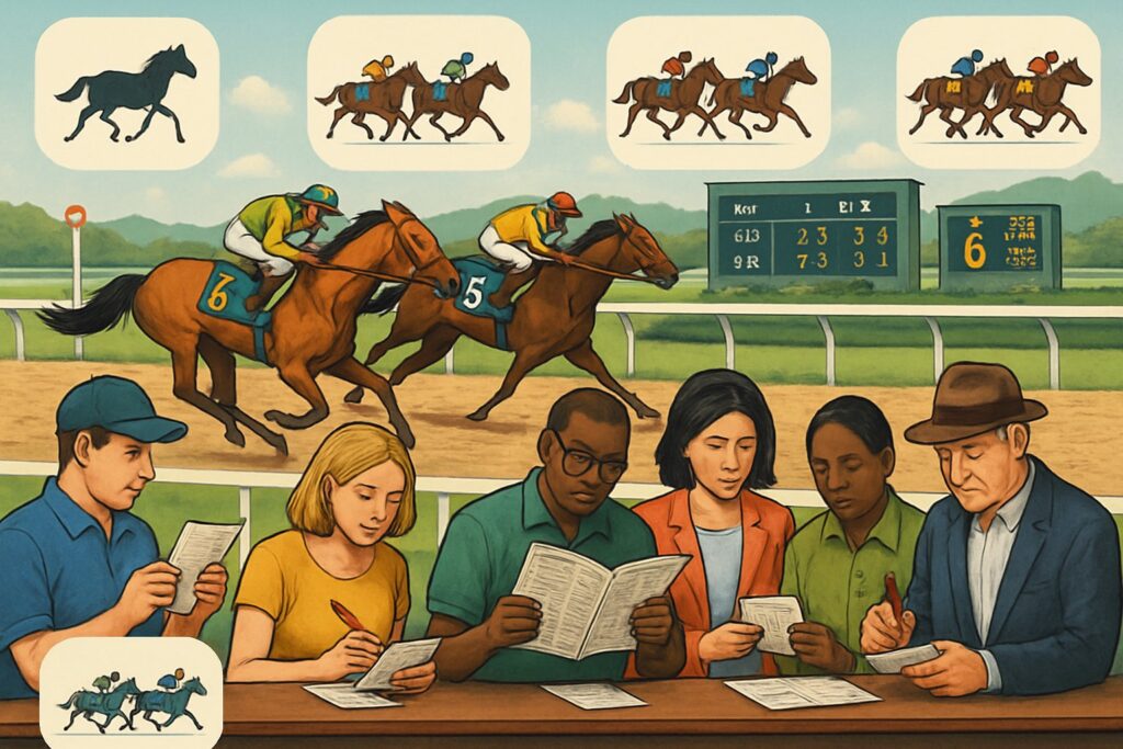 People studying race forms at a horse racing event learn how to bet on horse racing for an exciting betting experience and improve their understanding of horse racing strategies.