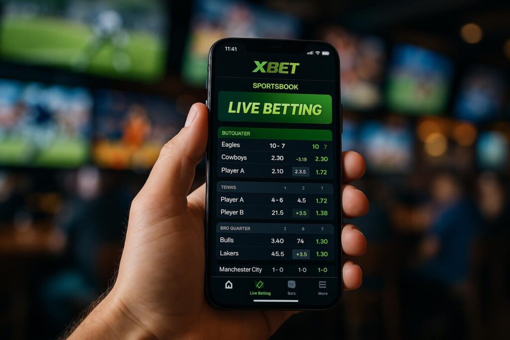 Person holding a smartphone displaying the XBet Live Betting app interface with sports odds in a busy gaming environment. Ideal for live sports betting enthusiasts.