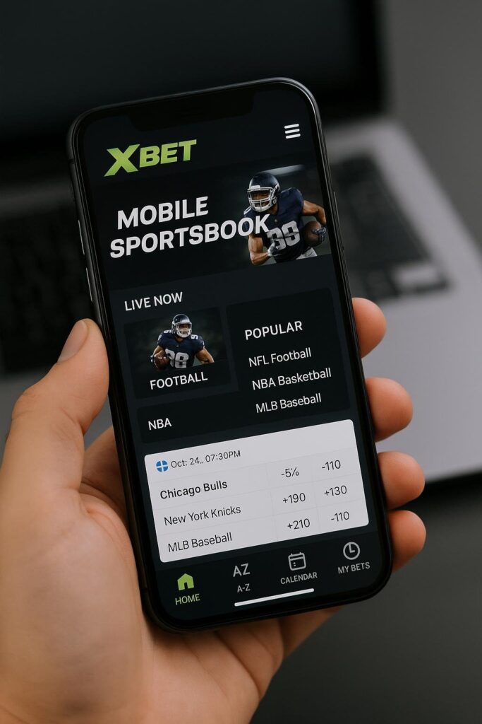 Xbet Mobile User Experience displayed on a smartphone showcasing live sports betting options and popular games like NFL and NBA enhancing user interaction and engagement.