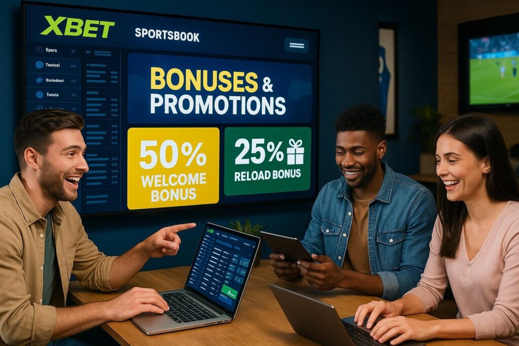 Group of enthusiastic friends explore XBet Sportsbook Bonuses and Promotions on laptops showcasing 50 percent welcome bonus and 25 percent reload bonus on the screen.