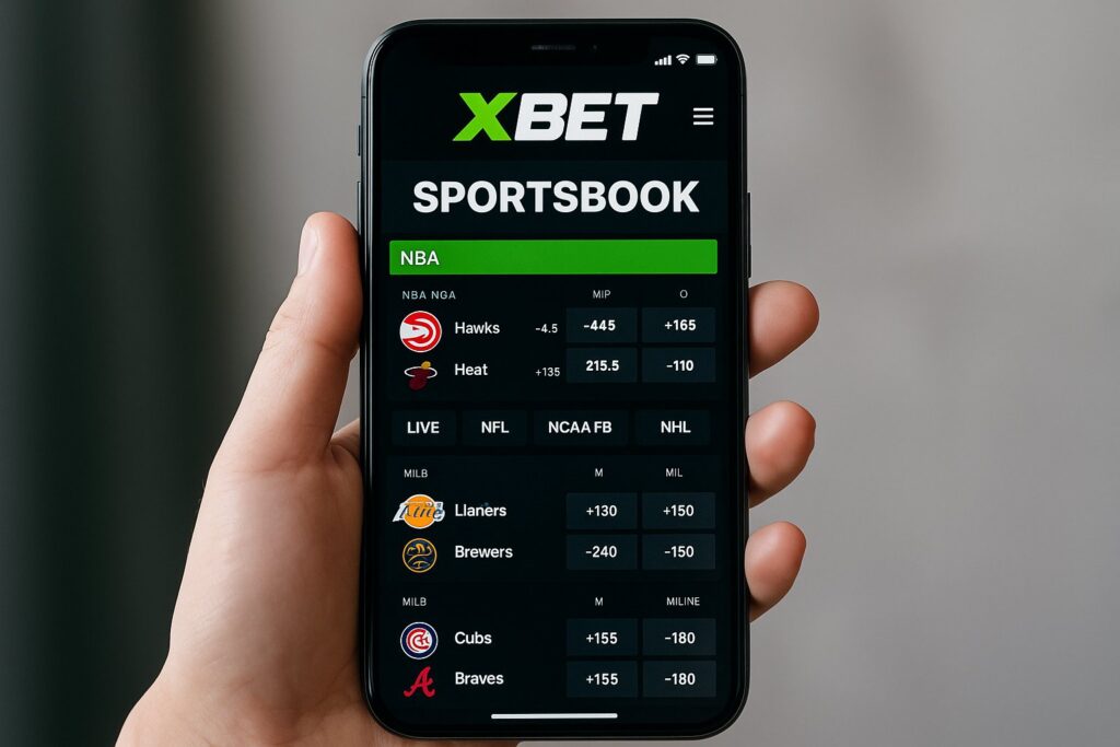 User accessing the XBet Sportsbook Mobile App on a smartphone displaying live sports betting options for NBA and NFL enhancing the mobile betting experience.