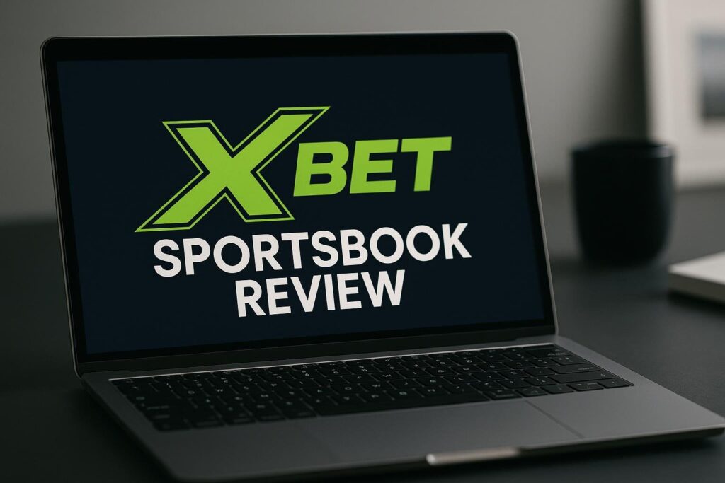 Laptop displaying XBet Review in bold letters suitable for exploring the features of XBet sportsbook offering insights and evaluations for potential users