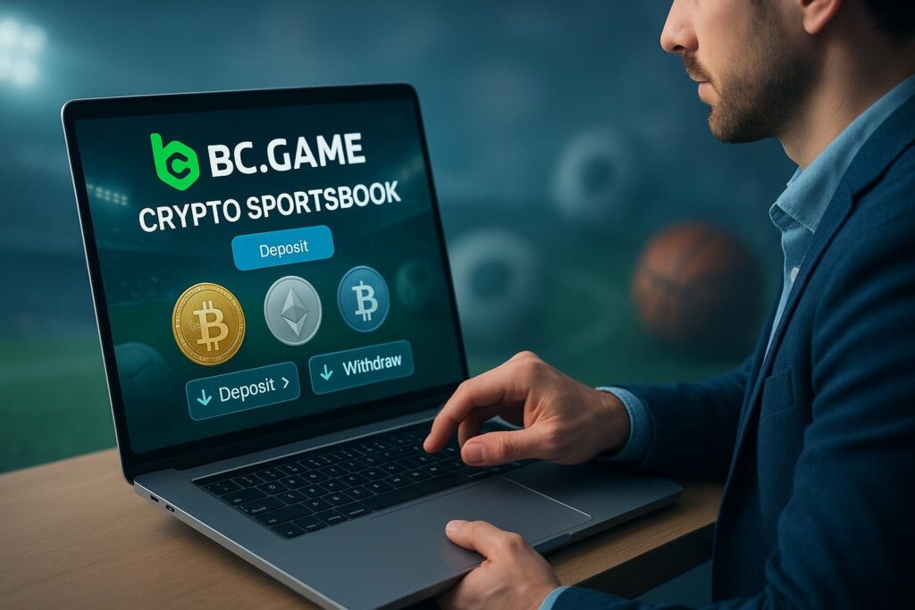 Person using laptop displaying BC.GAME Crypto Sportsbook interface for secure crypto banking guide including deposits and withdrawals with Bitcoin and Ethereum options.