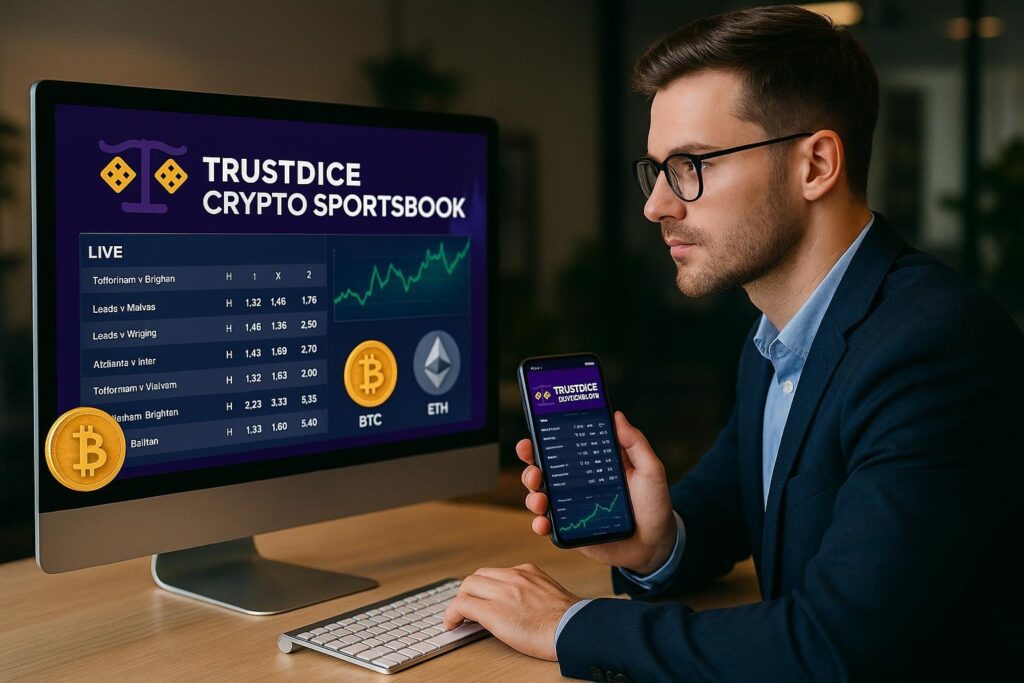 Man using computer and smartphone displaying TrustDice Crypto Sportsbook interface with live sports betting odds in a modern workspace environment for cryptocurrency gaming.