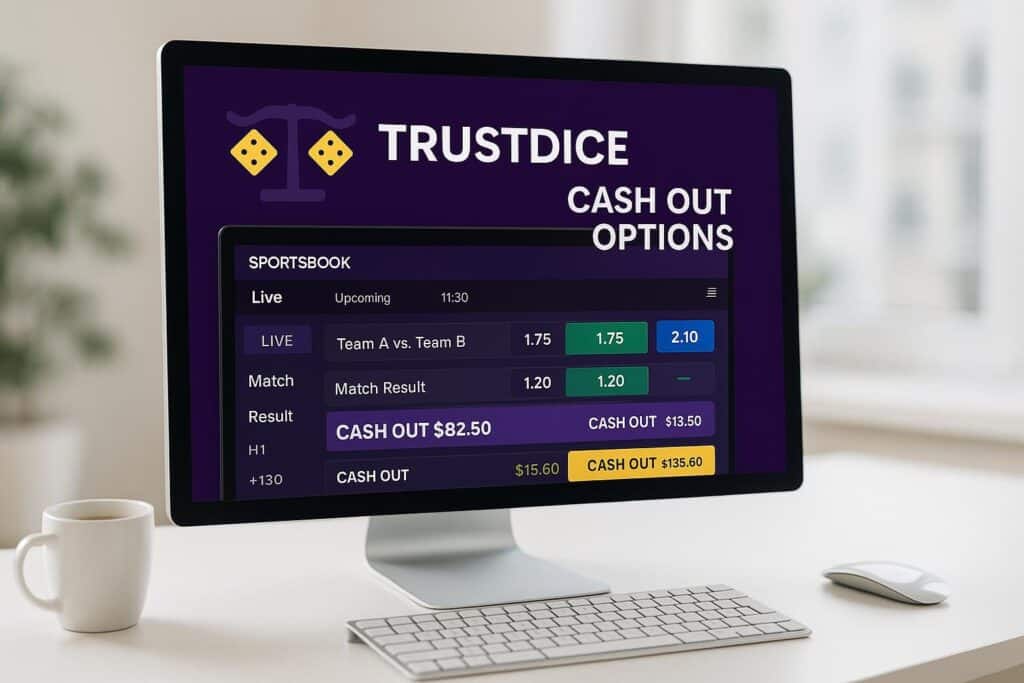 TrustDice Sportsbook cash out options displayed on a computer screen showing live match odds and cash out values enhancing user experience with betting flexibility.
