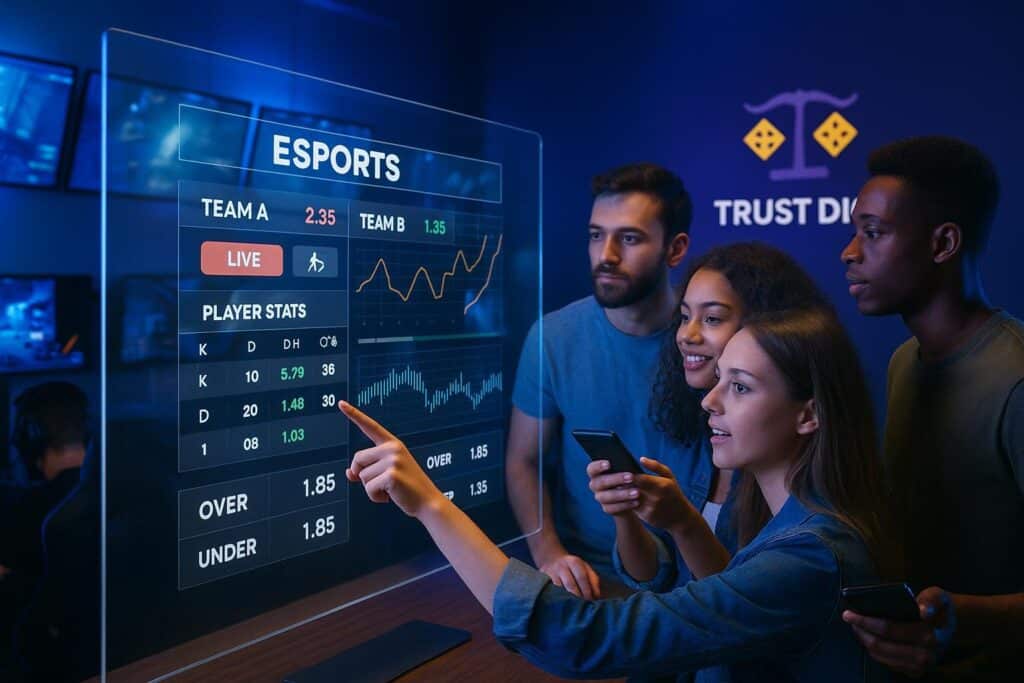 Group of people engaged in ESports betting at TrustDice Sportsbook analyzing live game stats on screen promoting interactive online gambling experience with TrustDice platform.