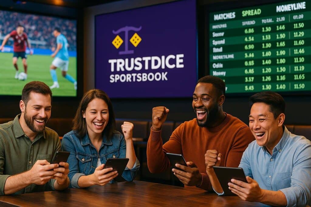 Enthusiastic group enjoying live sports betting on their devices at TrustDice Sportsbook. The excitement of live sports betting enhances the gaming experience.