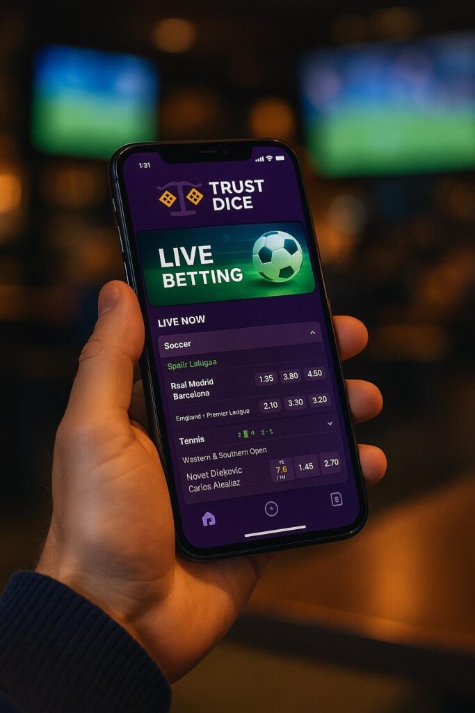 Person holds smartphone showing TrustDice Sportsbook Mobile App with live betting options for soccer and tennis for easy sports betting on the go.
