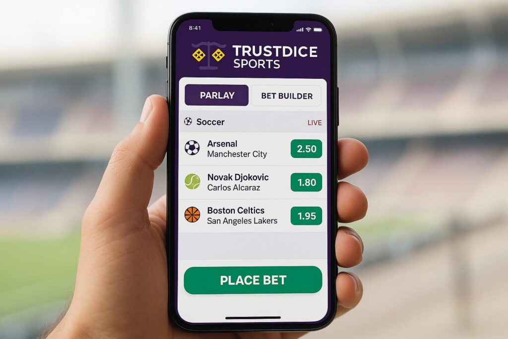 TrustDice Sportsbook mobile interface displaying Parlay and Bet Builder options for soccer tennis and basketball bets with odds. Ideal for sports betting enthusiasts.