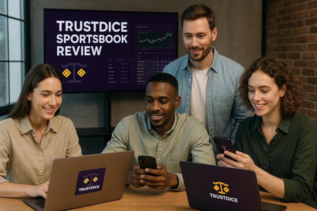 Group of people reviewing TrustDice Sportsbook on laptops and phones highlighting user experience and features for an in-depth TrustDice Sportsbook Review.