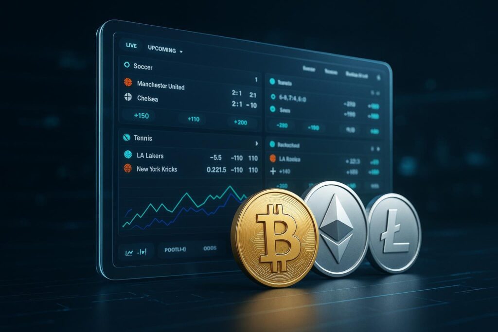 TrustDice Sportsbook Supported Cryptocurrencies displayed with Bitcoin Ethereum and Litecoin coins in front of a digital sports betting interface featuring match statistics.