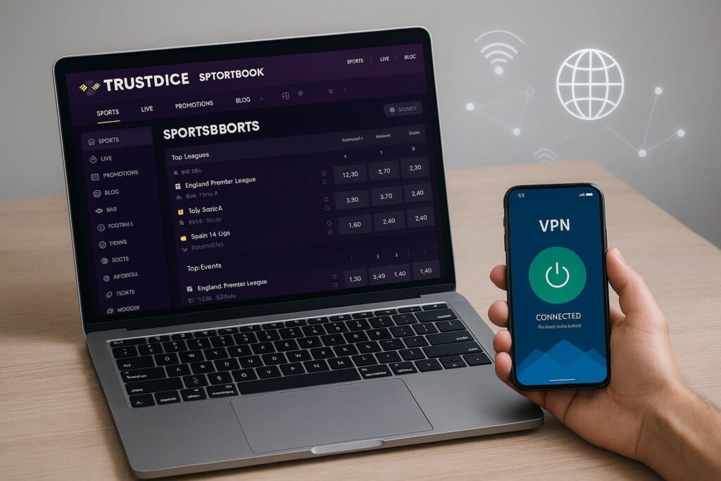 Alt text: "Access TrustDice Sportsbook using VPN for restricted regions showing a laptop with sportsbook interface and a smartphone showing VPN connection for secure betting"