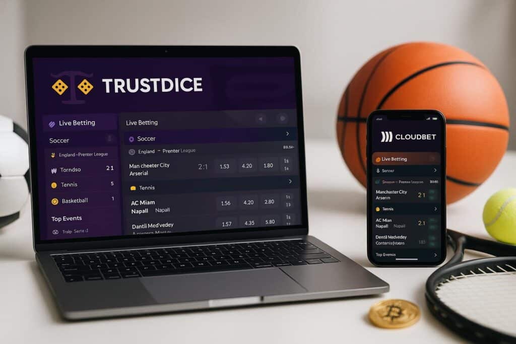 Comparison between TrustDice Sportsbook and Cloutdbet Sportsbook with mobile and desktop interfaces displaying live betting options alongside sports equipment like balls and rackets.