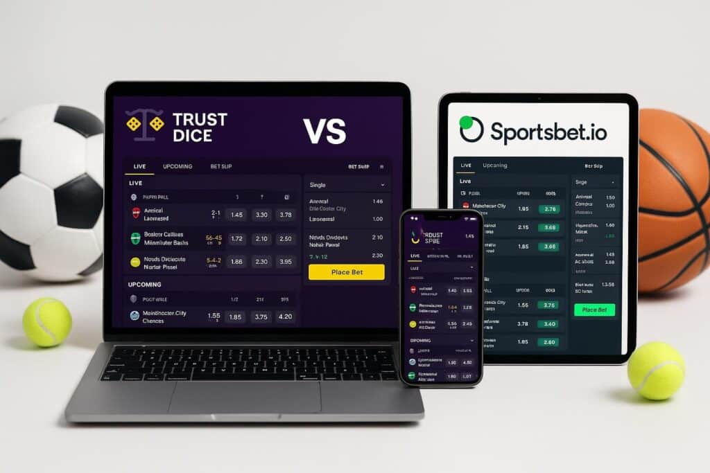 Comparison of TrustDice Sportsbook vs SportsBet.io Sportsbook user interfaces on laptop tablet and smartphone showcasing design and functionality in sports betting platforms.