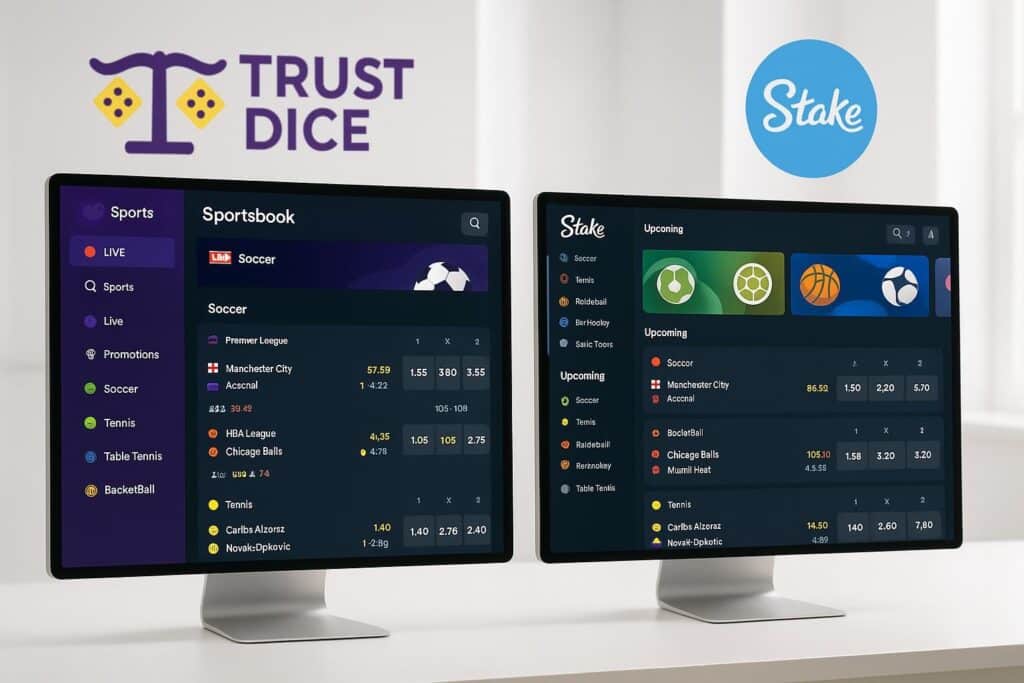 Comparison of two monitors displaying TrustDice Sportsbook and Stake Sportsbook interfaces highlighting sports betting options and odds differences for users.