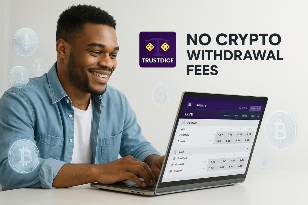 Smiling man using a laptop featuring TrustDice Sportsbook with no crypto withdrawal fees displayed on the screen promoting hassle-free cryptocurrency transactions.