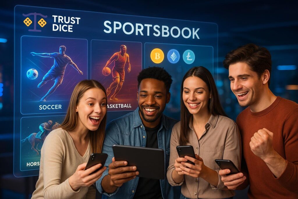 Group of enthusiastic people enjoying online betting on TrustDice a great crypto sportsbook for soccer and basketball highlighting cryptocurrency options for wagering